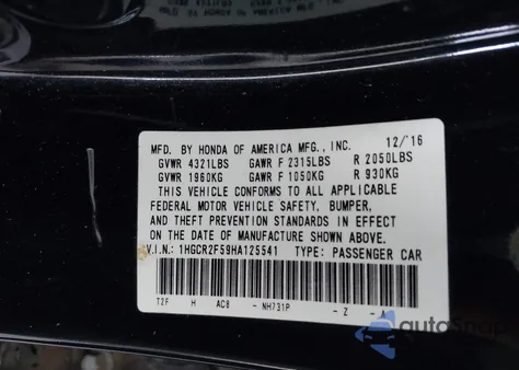 2017 Honda Accord Sport from USA, damaged, VIN 1HGCR2F59HA125541